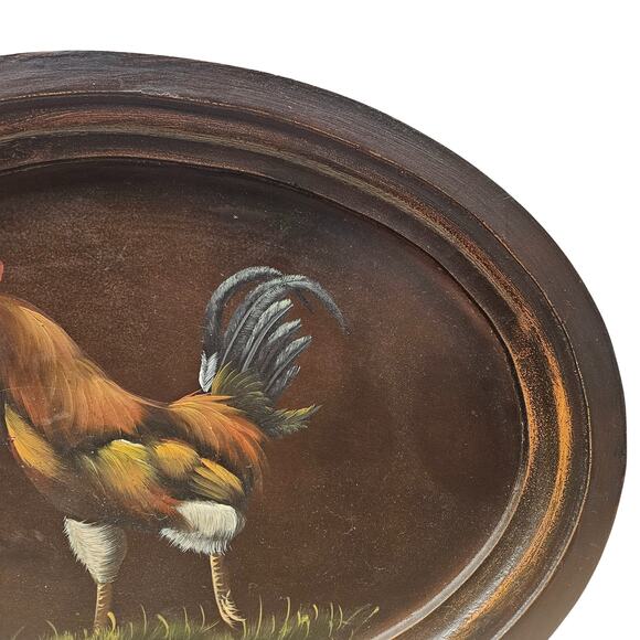 VTG Hand-Painted Primitive Rooster Oval Wood Wall Plaque Tray Platter Folk Art - Picture 3 of 8